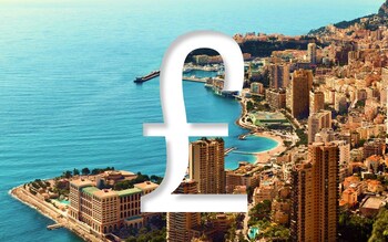 Offshore savings account illustration showing a pound sign over a foreign seaside city